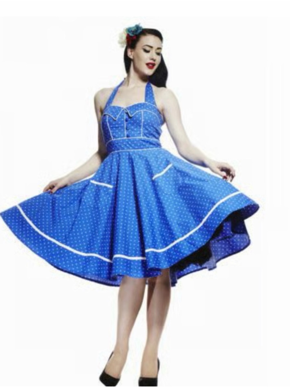 ModCloth Vintage-Inspired Blue Polka Dot Halter Midi Dress